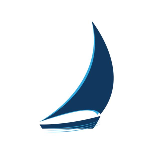 blaue segelboot über die wellen-vektor-logo - segeln stock-grafiken, -clipart, -cartoons und -symbole