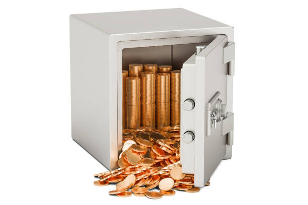 istock Safe box with heap of golden coins, 3D rendering isolated on white background 819296384