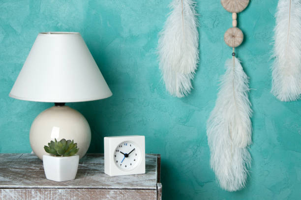 istock Bedroom decor on aquamarine background 819296706