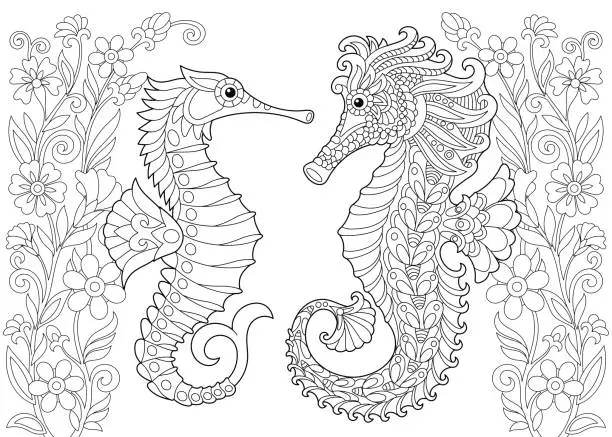 Vector illustration of Seahorse and flowers