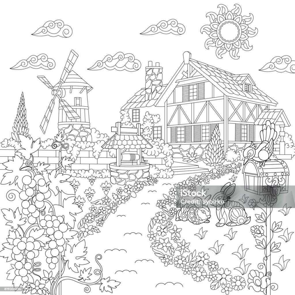 Countryside scene with mansion Countryside scene with mansion, windmill, well, mailbox, rabbits, bird, grape vines. Freehand sketch for adult coloring book page. Coloring Book Page - Illlustration Technique stock vector