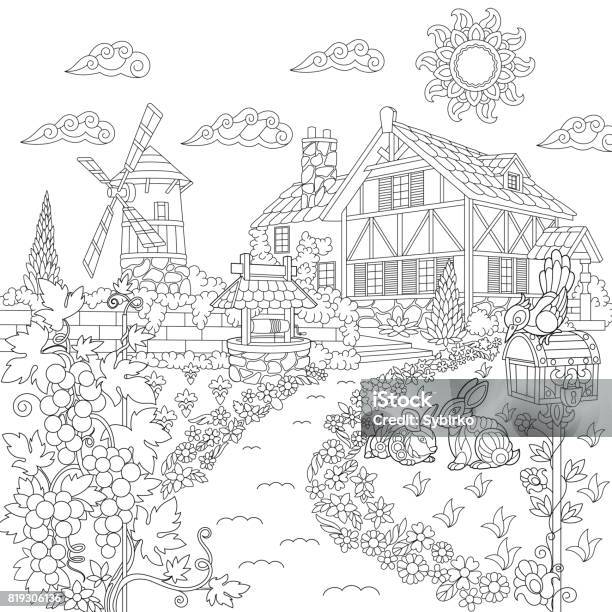 Countryside Scene With Mansion Stock Illustration - Download Image Now - Coloring Book Page - Illlustration Technique, Adult, Coloring