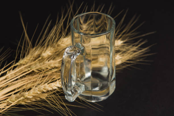 vaso de cerveza vacío sobre un fondo negro - mug beer barley wheat fotografías e imágenes de stock