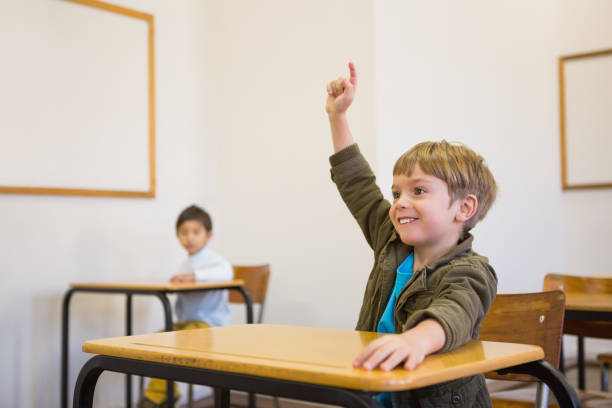 istock Pupil raising his hand at his desk 819323488