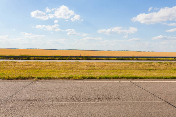istock Summer adventure road with old asphalt, gold rye field, blue cloudy sky 819331900