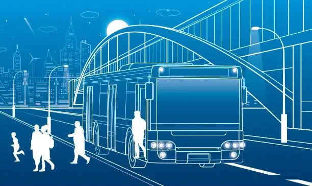 Vector illustration of Pedestrian arch bridge. People get off the bus. City infrastructure, modern town in background. People walking. White lines, night scene, vector design art