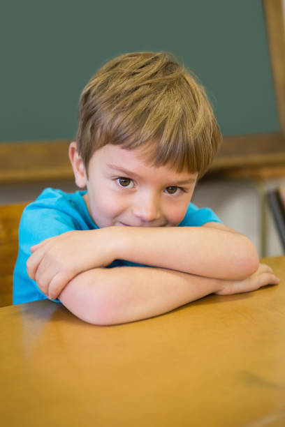 istock Cute pupil smiling at camera in classroom 819348942