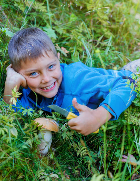 istock Boy with wild mushroom found in the forest 819349430