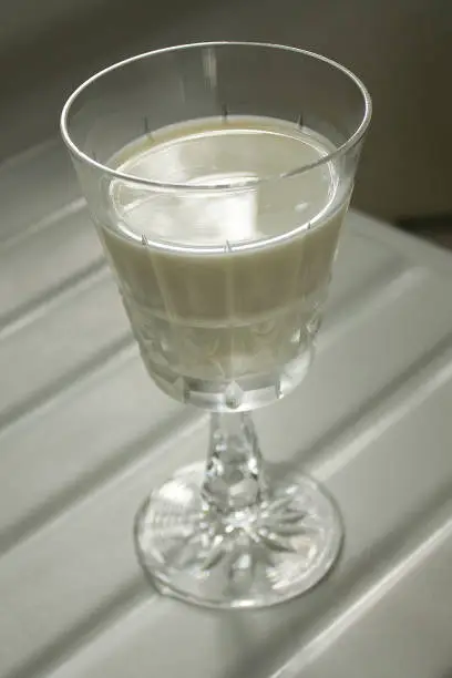 Waterford Crystal Glass of Milk on Vintage White Enamel Countertop