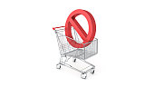 Shopping cart with forbidden, prohibition sign. 3d rendering