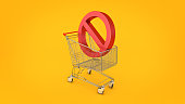 Shopping cart with forbidden, prohibition sign. 3d rendering