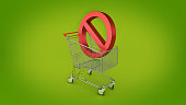 Shopping cart with forbidden, prohibition sign. 3d rendering