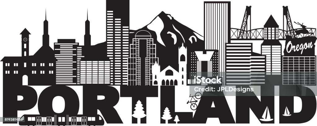 Portland Oregon Skyline and Text Black and White Illustration Portland Oregon Outline Silhouette with City Skyline Downtown Panorama and Text Black Isolated on White Background Illustration Portland - Oregon stock vector