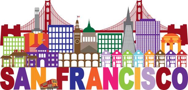 샌 프란 시스 코 스카이 라인 및 텍스트 다채로운 그림 - san francisco county skyline vector bridge stock illustrations