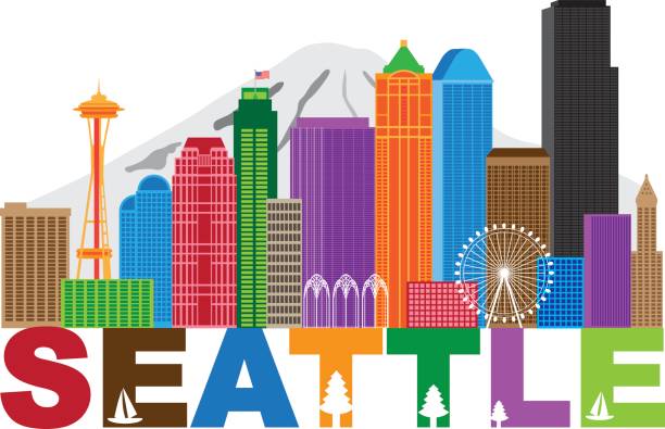 Illustrazione dello skyline e dei colori del testo della città di Seattle - illustrazione arte vettoriale