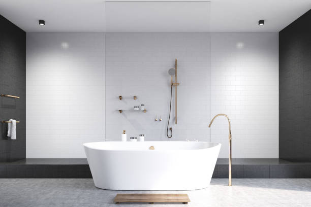 istock White bathroom with black tiles 819392894