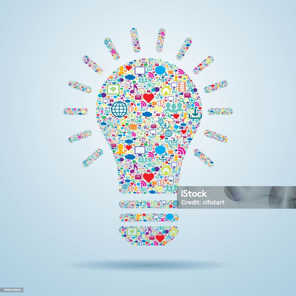 Light bulb with social media icons. Light bulb with social media icons. Idea, innovation, communication and promotion strategy in social media. Contented Emotion stock vector