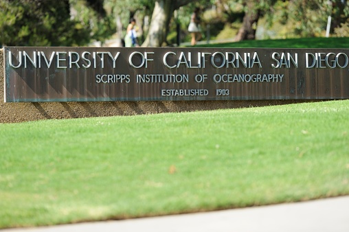 La Jolla, California, USA - July 05, 2014: Close up of sign for Scripps Institution of Oceanography, located at the University of California San Diego in La Jolla, California, at the intersection of La Jolla Shores Drive and El Paseo Grande.
