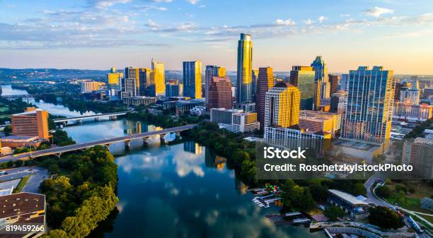 Sunrise Cityscape Austin Texas At Golden Hour Above Tranquil Lady Bird Lake 2017 Stock Photo - Download Image Now