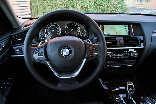 CALAMA, CHILE - NOVEMBER 17, 2015: Interior of the modern luxury car BMW F26 X4.