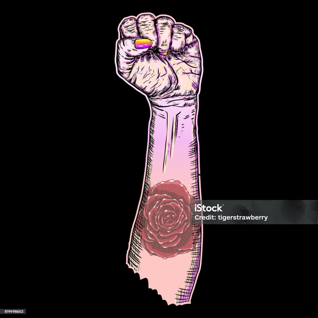 Womans Hand Fist Raised Up Freedom Sign With Rose Flash Tattoo On Black  Wrist In Pink Color Girl Power Symbol With Flower Realistic Style Drawing  Feminism Concept Emo Gothic Body Art Vector