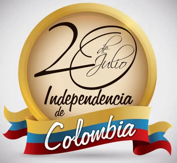 Vector illustration of Button with Handwritten Date and Flag for Colombia Independence Day