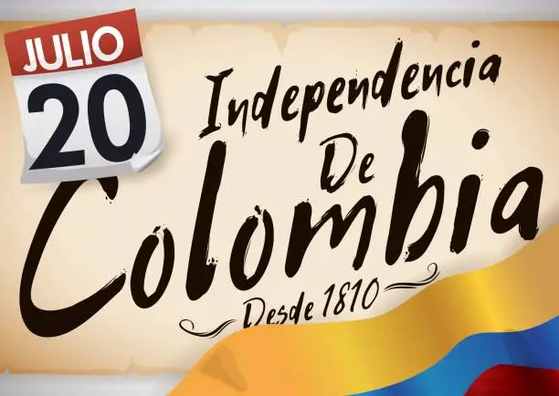 Vector illustration of Old Scroll, Flag and Loose-leaf Calendar for Colombia Independence Day