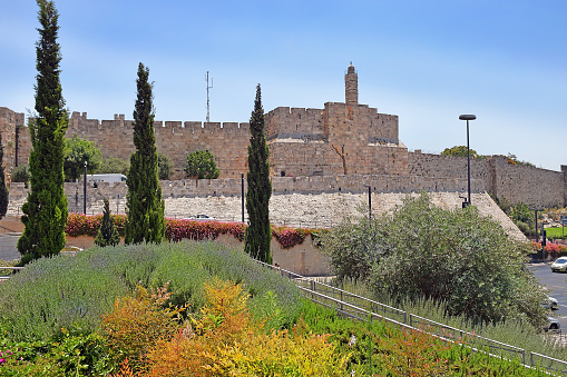 view of the fortress wall of Old Jerusalem near Jaffa Gate, old city of Jerusalem, Israel