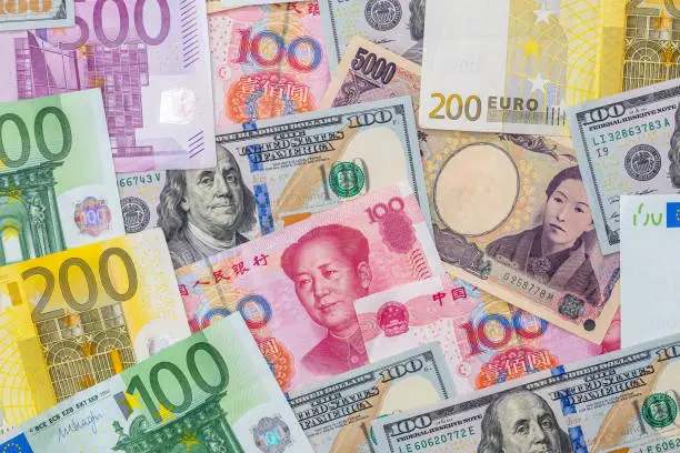 Japanese yen, US dollar, Chinese yuan, Euro. Financial concept.
