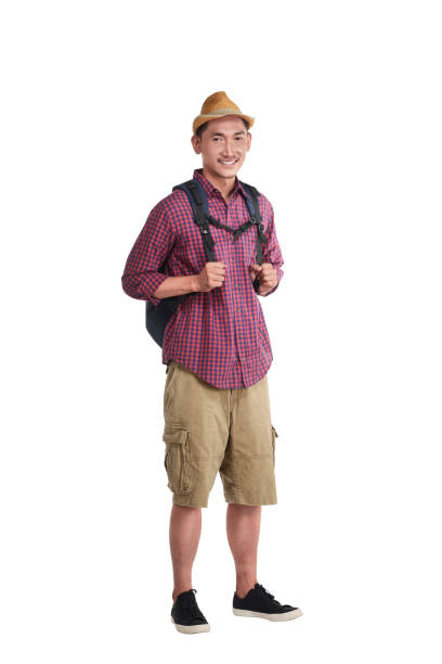 istock Happy asian traveler wearing hat with backpack standing 819573746