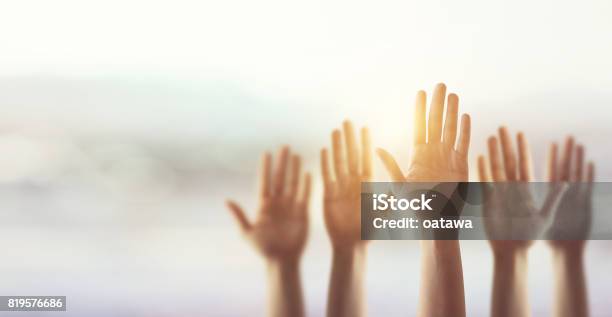 Raising Hands For Participation Many Peoples Hands Up Stock Photo - Download Image Now