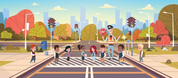 vector illustration of a schoolchildren crossing the road with the