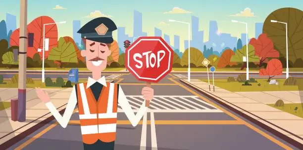 Vector illustration of Guard With Stop Sign On Road With Crosswalk And Traffic Lights