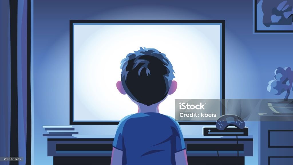 Little Boy Staring At TV At Night Vector illustration of a boy standing in front of a television set in a living room late at night. Concept for Child stock vector