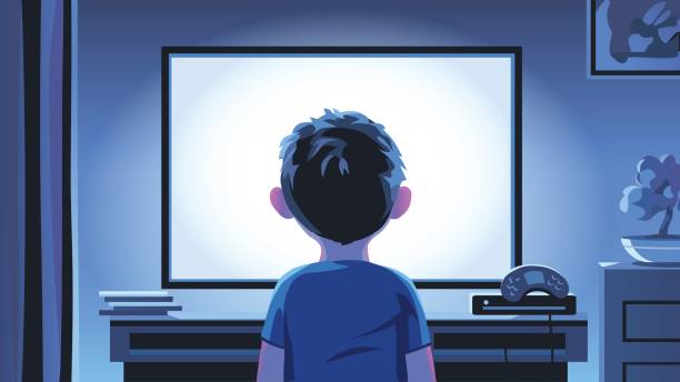 Little Boy Staring At TV At Night Vector illustration of a boy standing in front of a television set in a living room late at night. Concept for close to illustrations stock illustrations