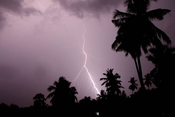 istock Thunder, lightning storm in the raining night background over a house and palm tree. In Mumbai 819590770