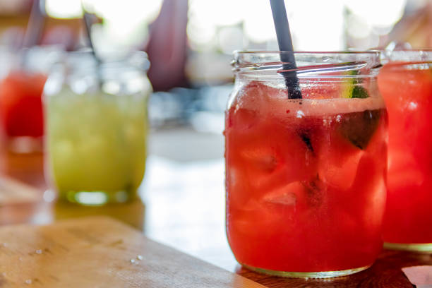 istock Red coloured fruit juice drink in a restaurant. 819591984