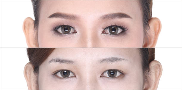 istock Before After, make up cosmetology on eye, eyeshadow, eyebrowns 819595682