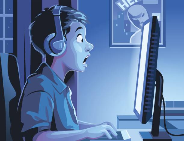 Boy At Computer Late At Night Vector illustration of a boy with a headset sitting at his computer in his room late at night, surfing the internet or playing video games. Concept for children and the internet, computer or video game addiction, social media and cyberbullying. computer addiction stock illustrations