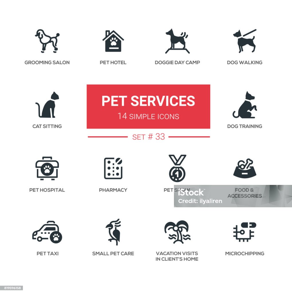 Pet Services - Modern simple thin line design icons, pictograms set Pet services - set of vector icons, pictograms. Grooming, hotel, hospital, show, taxi, memorial, dog walking, day camp, training, cat sitting, pharmacy, food, accessory, vacation visits, microchipping Dog stock vector