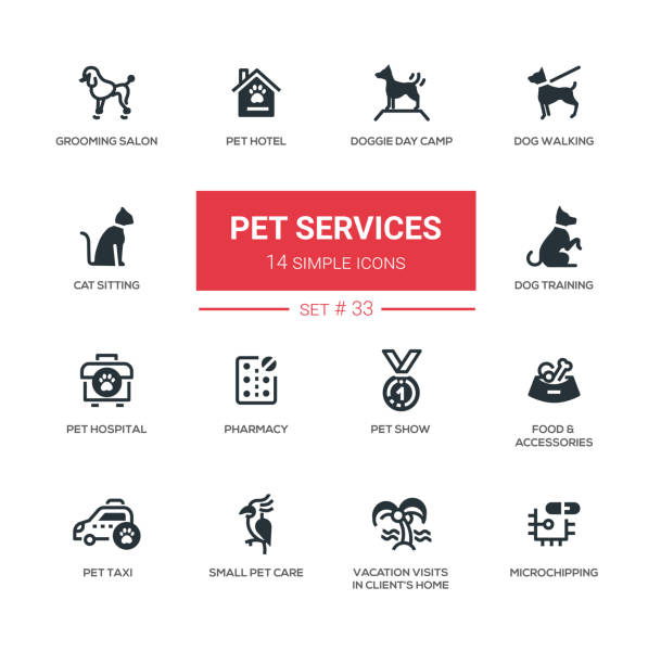 Pet Services - Modern simple thin line design icons, pictograms set Pet services - set of vector icons, pictograms. Grooming, hotel, hospital, show, taxi, memorial, dog walking, day camp, training, cat sitting, pharmacy, food, accessory, vacation visits, microchipping dog sitting icon stock illustrations