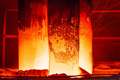 Hot steel close view in the steel plant,industrial background