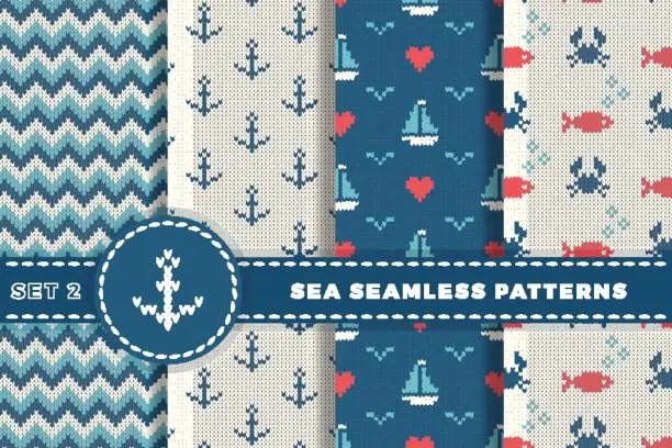 Vector illustration of Sea and nautical backgrounds in white, turquoise, red and dark blue colors. Sea theme. Set seamless patterns collection. Woolen knitted texture. Vector Illustration.