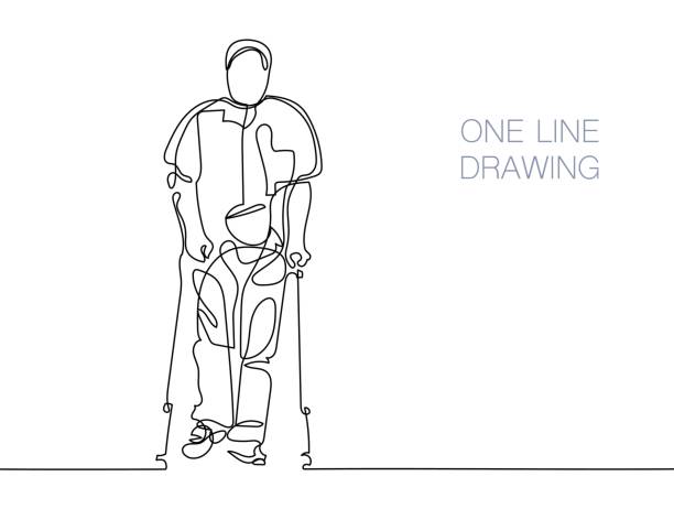 man walking with help of crutches continuous line black and white drawing in minimalistic style, man walking with help of crutches, vector illustration single skating stock illustrations