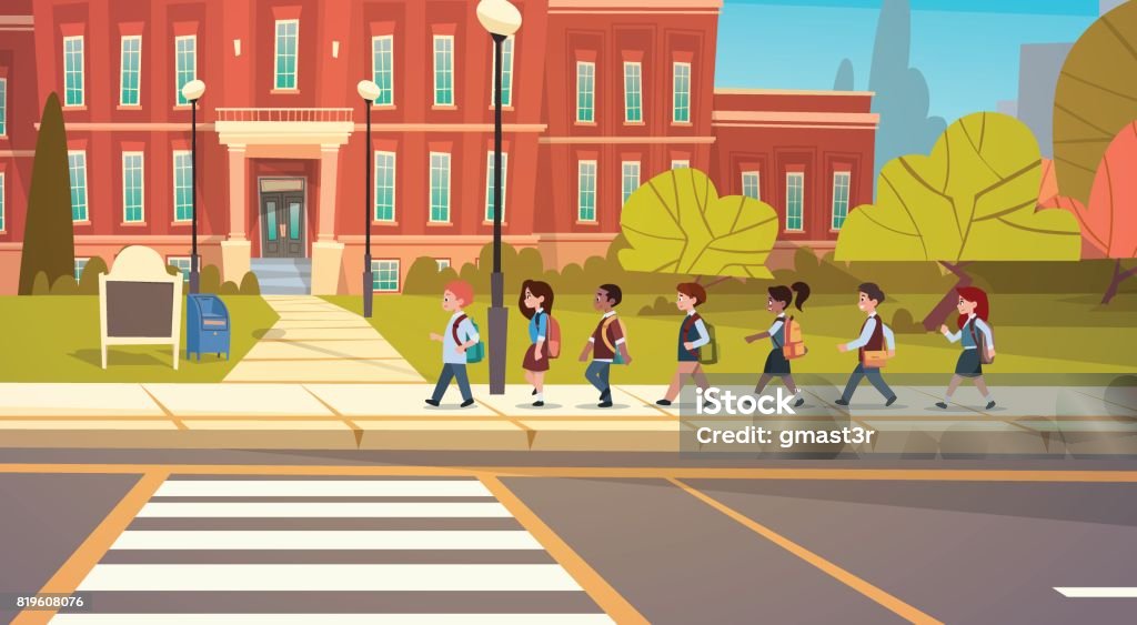 Group Of Pupils Mix Race Walking To School Building Primary Schoolchildren  Students Stock Illustration - Download Image Now - iStock