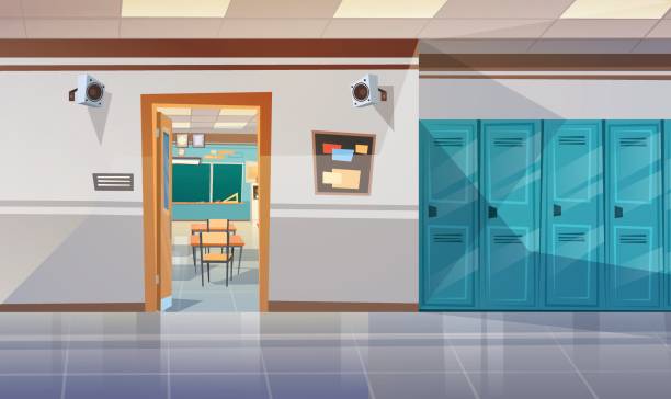 pusty korytarz szkolny z szafkami hall otwarte drzwi do pokoju klasowego - combination lock illustrations stock illustrations