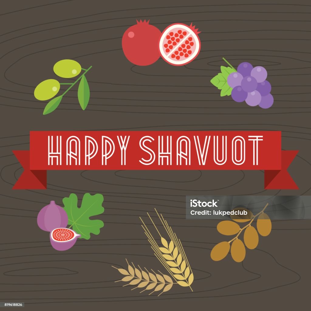 Happy shavuot headline on ribbon with 7 species and wooden background Happy shavuot headline on ribbon with 7 species and wooden background, flat design Number 7 stock vector