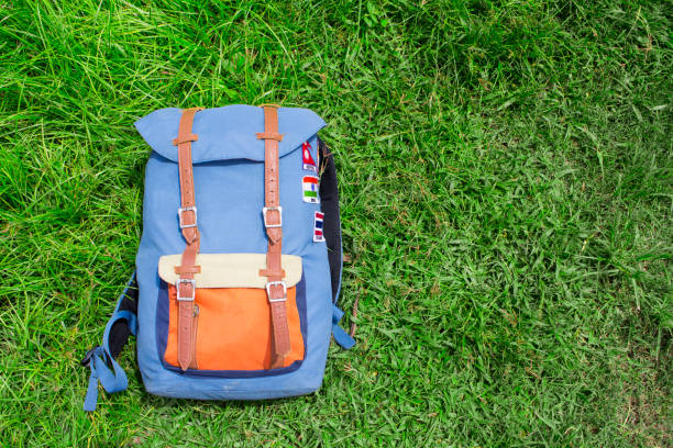 istock Hipster backpack on summer green grass. Summer travel background photo. 819619660