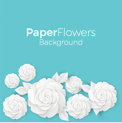 Flowers background with paper blooming white 3D roses with leaves, vector illustration greeting card design with place for text in blue colors