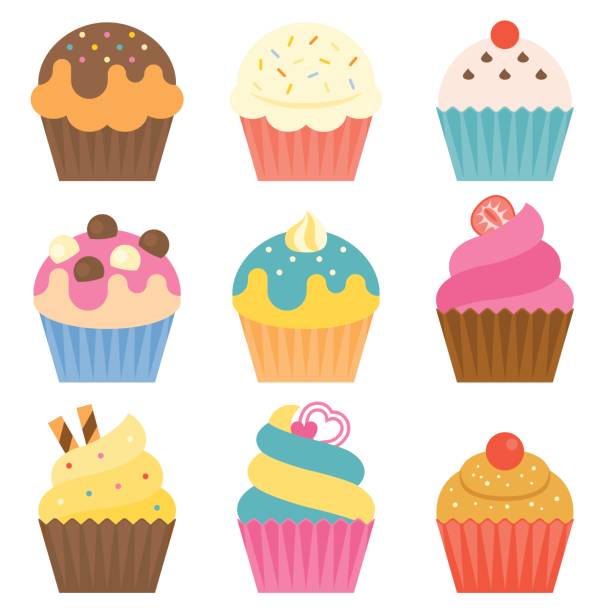ilustrações, clipart, desenhos animados e ícones de conjunto de ícone do bolo do copo com açúcar de revestimento - cupcake